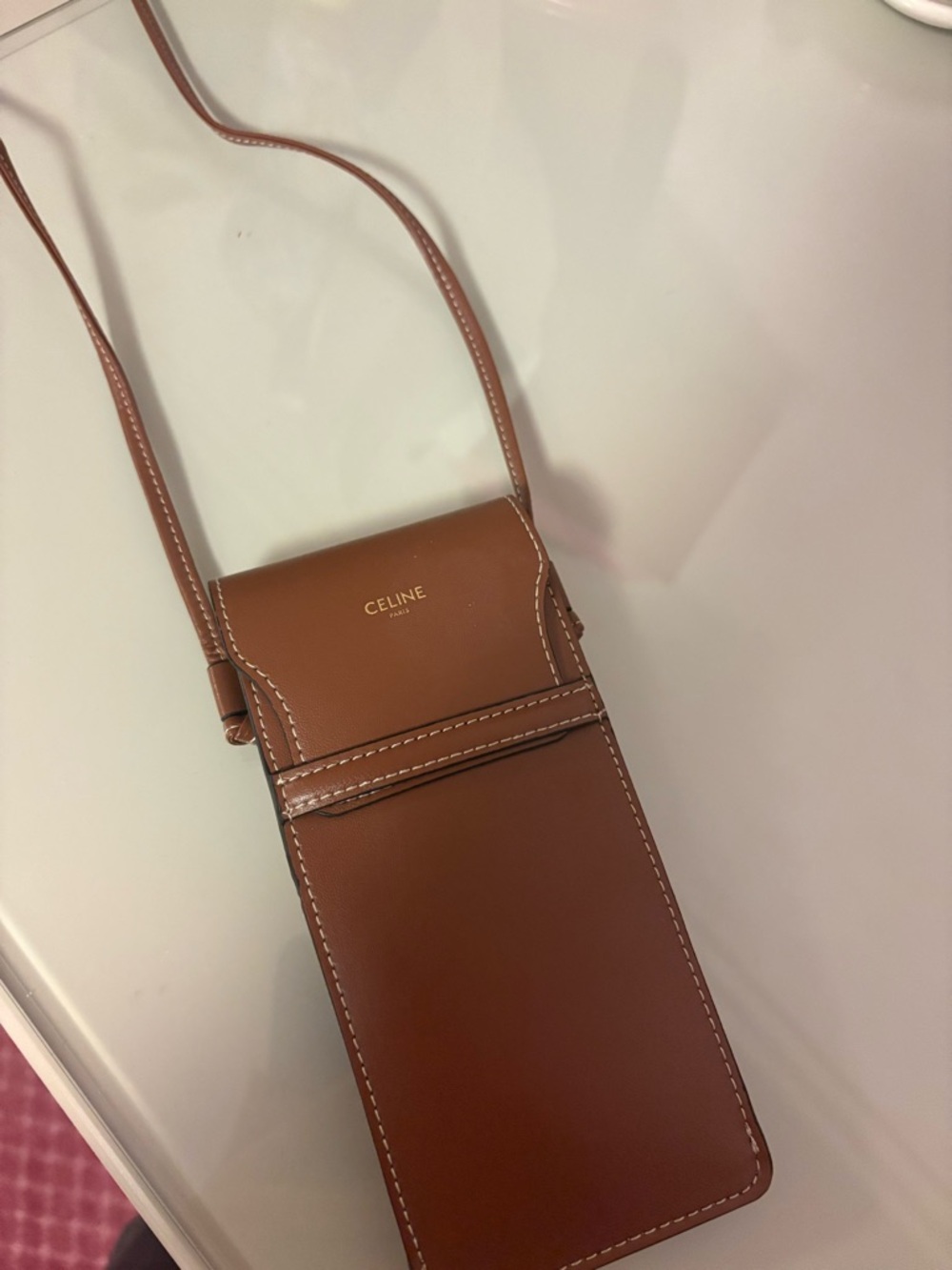 Celine Tan/Brown Leather Crossbody Phone Pouch with Gold Logo